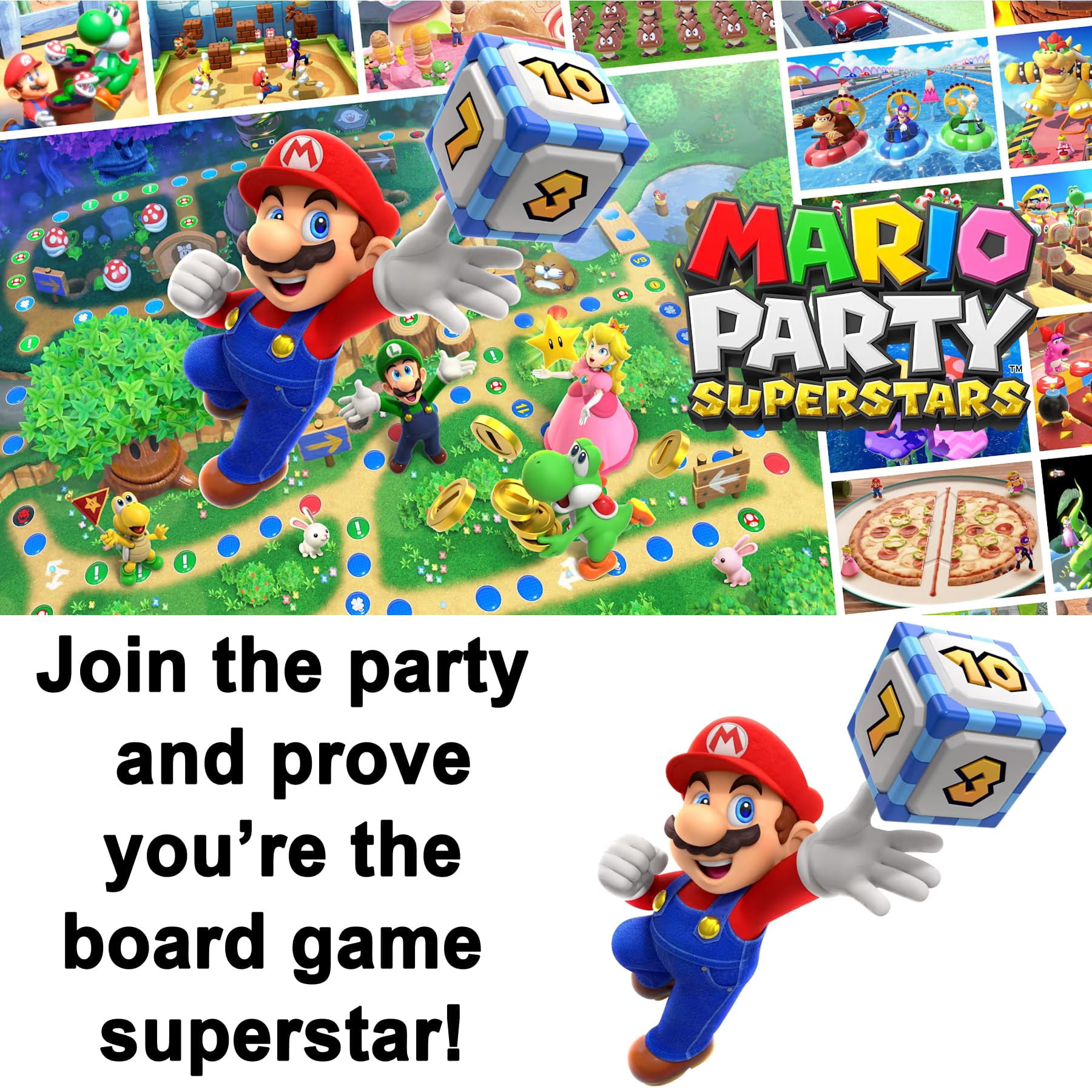 Mario Party Superstars for Nintendo Switch (US Version), with PremGear Thumb Grips (8 pack - 2 Black, 2 Blue, 2 Red & 2 Clear), 24 Slot Game Card Holder & Cleaning Cloth