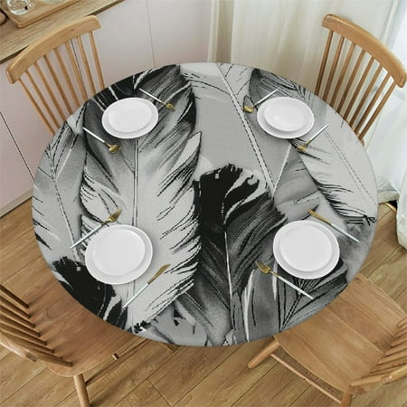 

Qlo0ole Tablecloth -Fitted with Elastic Feather Faded Geometric Backdrop Covers for The Home Elastic Edged Flannel Backed Fitted Table Cover Grey White Fits up Diameter Tables 46-50