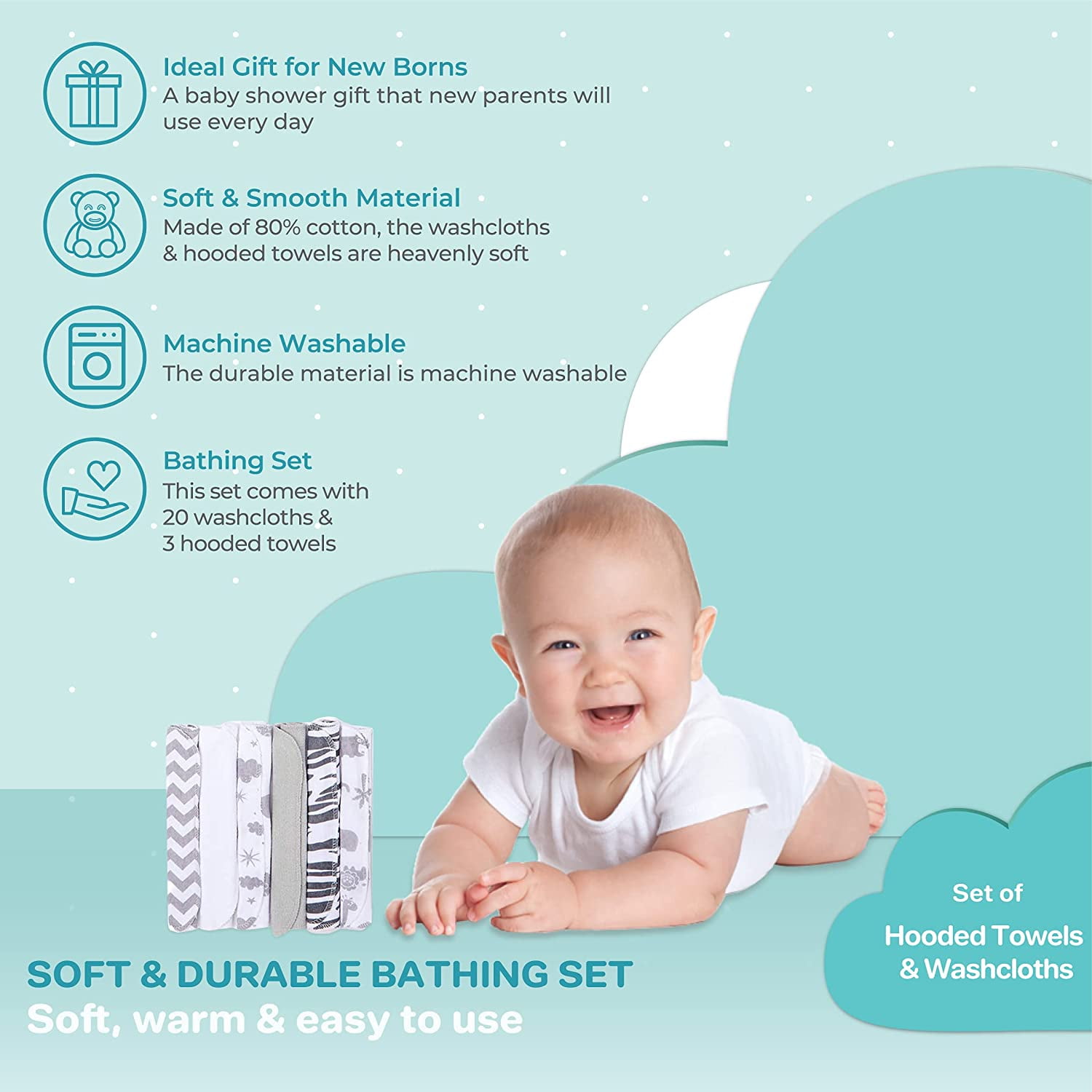 Spasilk Bath Hooded Towels & Washcloths Set for Babies, 23-Piece Gift Set, White Zebra