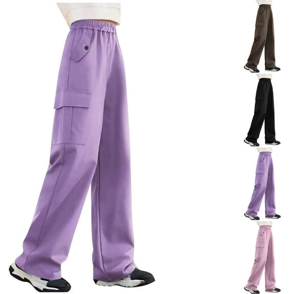 Fesfesfes Teens Pants Casual Solid Color Cargo Pants Big Boys and Girls Elastic Waist Pants with Pocket Cool Girls Pants