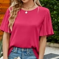 thumbnail image 4 of Ruffle Sleeve Tops for Women Short Sleeve Round Neck Casual Shirts Solid Pullovers Elegant Summer Comfy Tops Hot Pink,S, 4 of 7