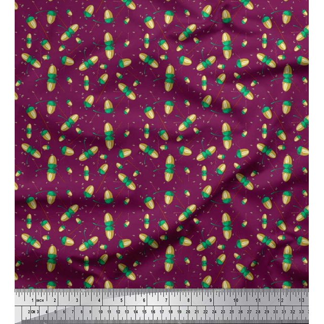 Soimoi Poly Georgette Fabric Leaves & Oaknut Fruits Print Sewing Fabric Yard 52 Inch Wide