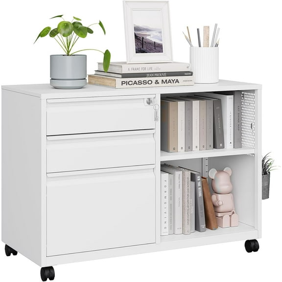 MIIIKO File Cabinet 3 Drawer, White Filing Cabinets with Shelf, Home Office Rolling File Storage Cabinet with Lock, Metal Printer Stand with Casters Office Storage A4, Letter Legal File Folders