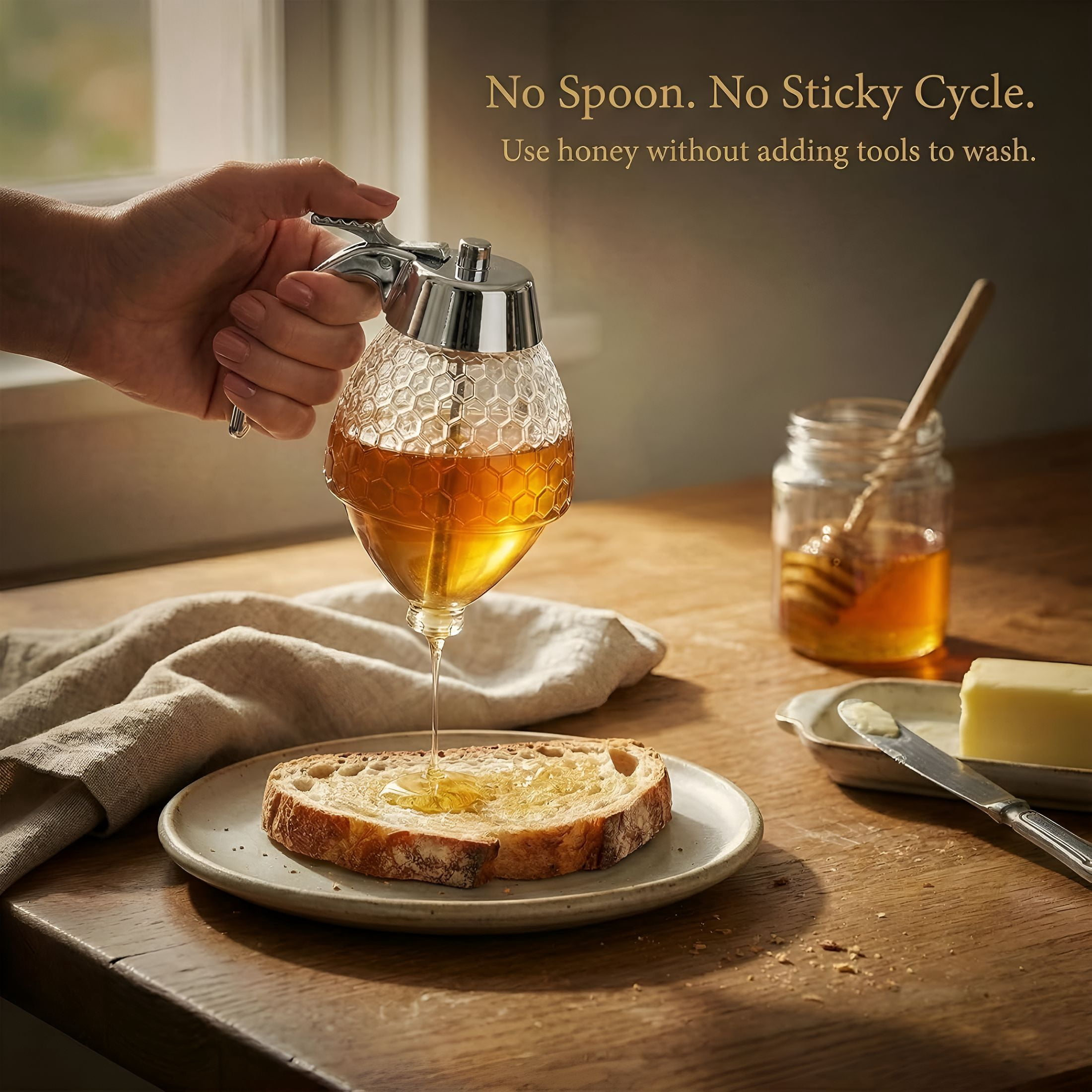 ACDANC Honey Dispenser No Drip,8 Oz Glass Honey Jar with Stand,Leak-Proof Syrup Dispenser for Honey,Maple Syrup and Coffee Syrup,Clear Honeycomb Honey Pot for Coffee Bar & Breakfast Table