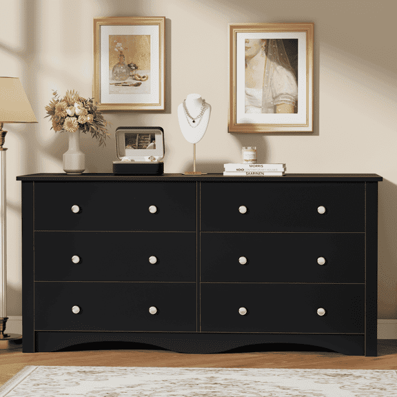 Homall 6 Drawer Wood Dresser Furniture, Double Tier Storage Cabinet for Bedroom & Living Room,Black Finish