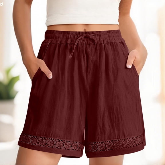 Womens Summer Cotton Linen Shorts High Waist Elastic Drawstring Casual Hollowed Out Lace Beach Shorts
