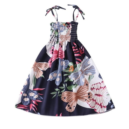 

GWAABD Flowy Dresses for Girls Black Polyester Toddler Kids Girls Floral Bohemian Flowers Sleeveless Beach Straps Dress Princess Clothes 110