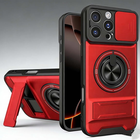 Magnetic For iPhone 15 Pro Phone Case,With Camera Cover,With 360°Rotatable Ring Holder,Heavy Duty Shockproof Anti-fall Drop Protection,With Contractile Kickstand,Durable Phone Case,Red