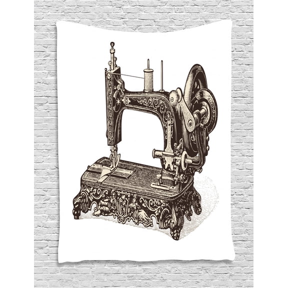 Steampunk Tapestry, Vintage Sewing Machine Hand-Drawn Sketch Antique Nostalgic Object Print, Wall Hanging for Bedroom Living Room Dorm Decor, 60W X 80L Inches, Dark Brown and Ivory, by Ambesonne