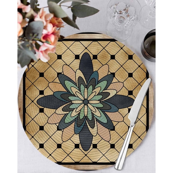 13 Inch Round Placemats Set of 4, Vintage Geometric Non Slip Heat Insulation PP Table Mats, Green Brown Abstract Plaid Checkered Washable Place Mats for Kitchen Dining Party Table Decor