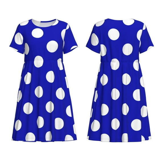 Horeoi Blue And White Polka Dot Print Women's Short Sleeve Dress Breathable Polyester-Spandex All-Over Print A-Line Side Pockets Elastic Waist