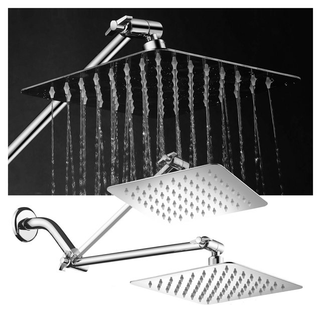 HotelSpa Grande Pomme de Douche Carrée en Acier Inoxydable de 8 Pouces avec Rallonge Réglable en Laiton Massif