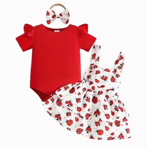 HCNTES Newborn Baby Girl Outfit Long Sleeve Romper Suspender Skirt Overall Dress Three Piece Set For Baby Girls