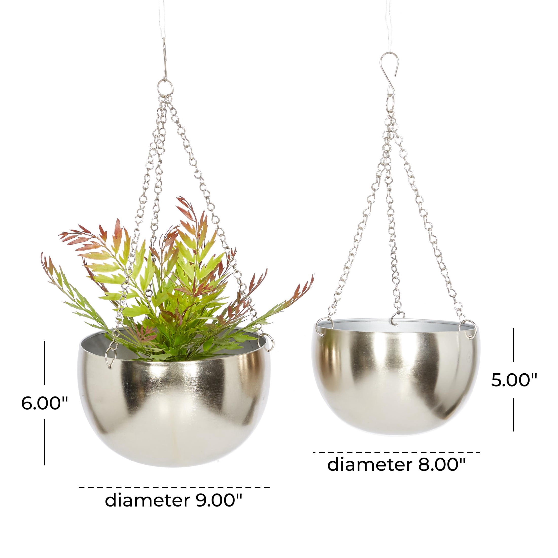 DecMode 5", 6"H Round Silver Metal Hanging Dome Wall Planter with Chain (2 Count)