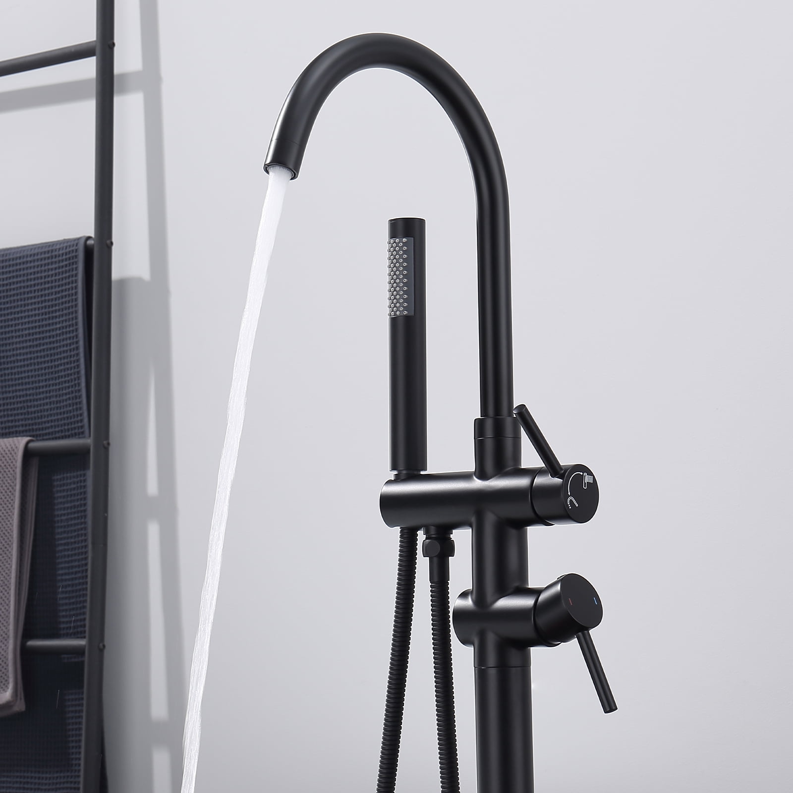 Dawot Floor Mount Bathtub Faucet, Matte Black Brass Bathroom Freestanding Tub Filler Single Handle Tub Spout, with Hand-held showerhead