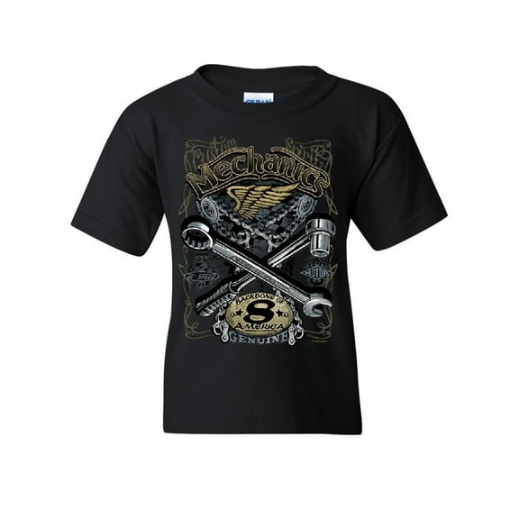 Tee Hunt Mechanics Backbone of America Youth T-Shirt Engine Repair Blue Collar Kids Tee