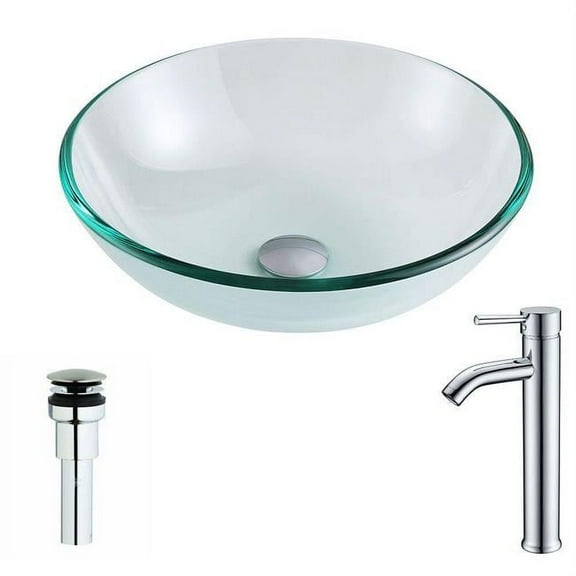 Anzzi Etude Series Deco-Glass Vessel Sink in Lustrous Clear Finish with Harmony Faucet in Brushed Nickel