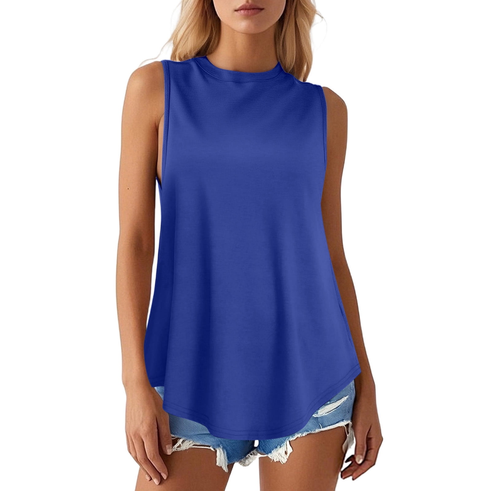 Women's High Neck Tank Top - Flowy Curved Hem, 60% Polyester, Versatile for All Seasons Layering