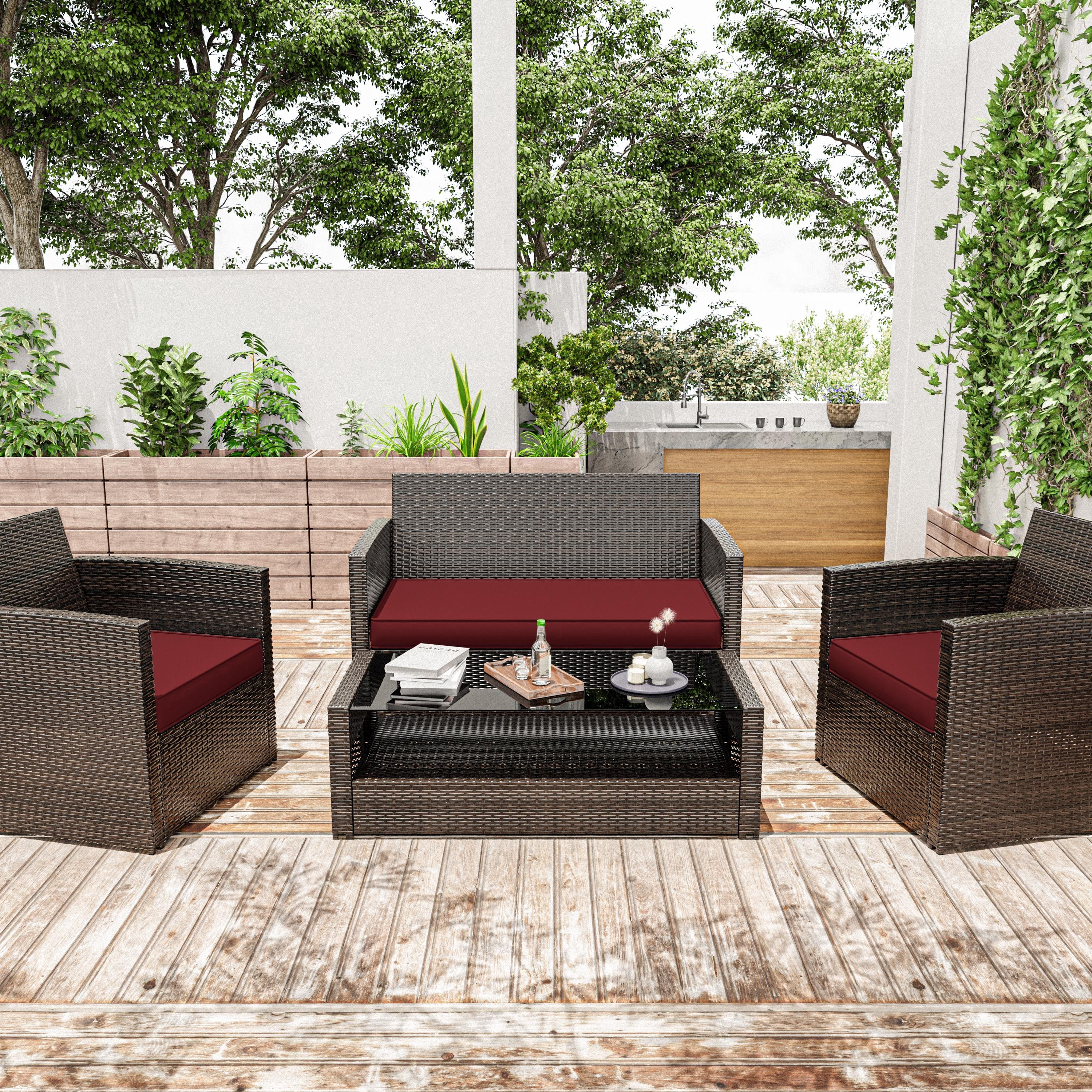 Snubbull 3 Pack Outdoor Replacement Cushions for 4-Seater Wicker Rattan Loveseat Sofa Chair Patio Furniture, 36 x 18 x 3,18 x 18 x 3, Burgundy