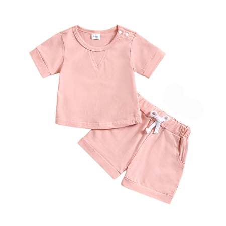 VNKIDY Toddler Boys Girls Short Sleeve Solid Color O-Neck Sweatshirt Pullover Tops Shorts Outfits Sets Classic