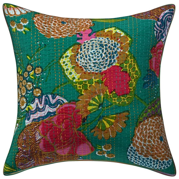 Stylo Culture Indian Sofa Throw Pillow Cover 16 x 16 Kantha Emerald Green Printed 40 x 40 cm Living Room Toss Pillow Case Cotton Tropicana Square Cushion Cover | 1 Pc