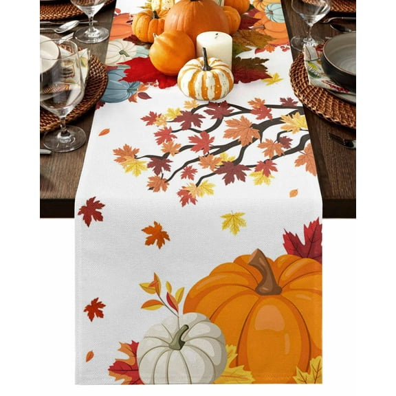 Table Runner Dresser Scarves 36 Inch Long,Autumn Pumpkin Maple Leaf Linen Dining Table Runners Thanksgiving Harvest Tabletop Scarf for Wedding Holiday Party Kitchen