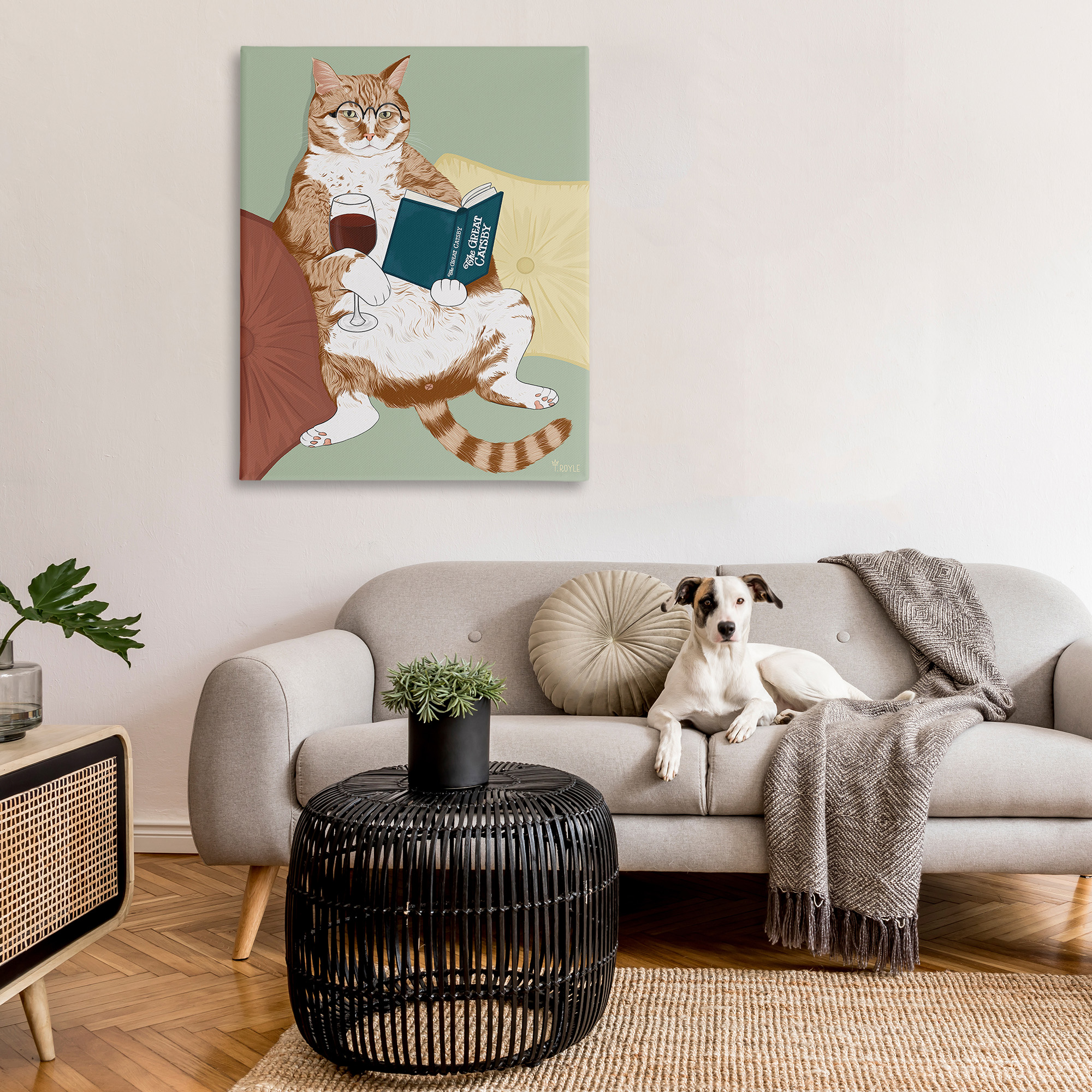 Stupell Industries Cat Reading with Wine Animals & Insects Painting Gallery Wrapped Canvas Art Print Wall Art, 36 x 48