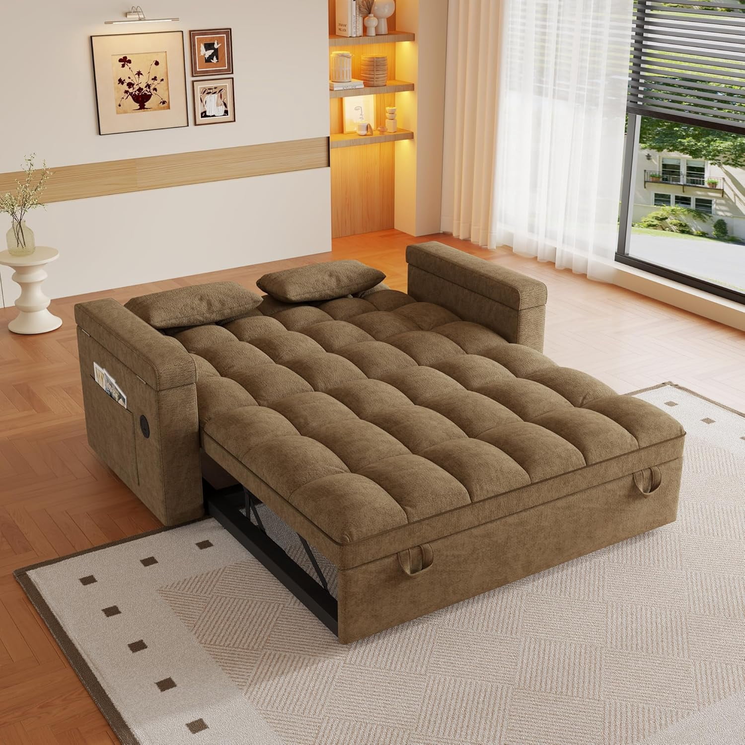 3 in 1 Convertible Sleeper Sofa,Sleeper Couch with Pull Out Bed, Storage Armrests and Laptop Table for Living Room,Sleeper Sofa, Pullout Couch Bed