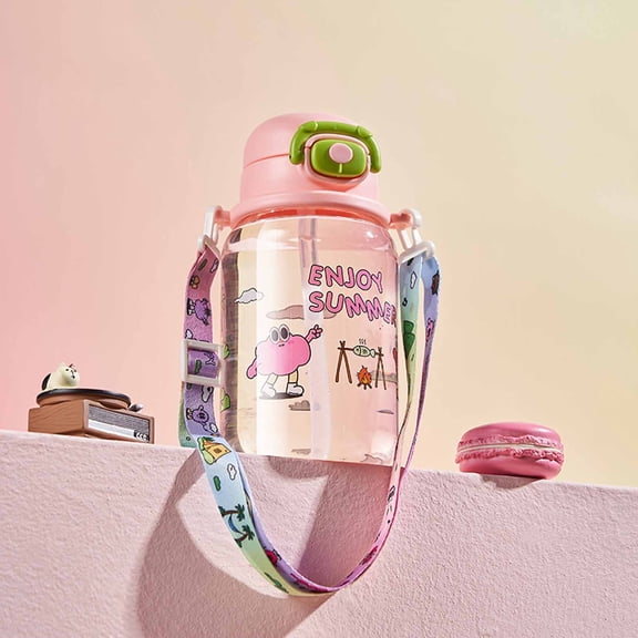 18oz Cute Kids Water Bottle with Straw, Leak-Proof & Shatter-Resistant, Adjustable Shoulder Strap, BPA-Free Plastic, for School, Outdoor Activities & Daily Hydration for Family & Kids
