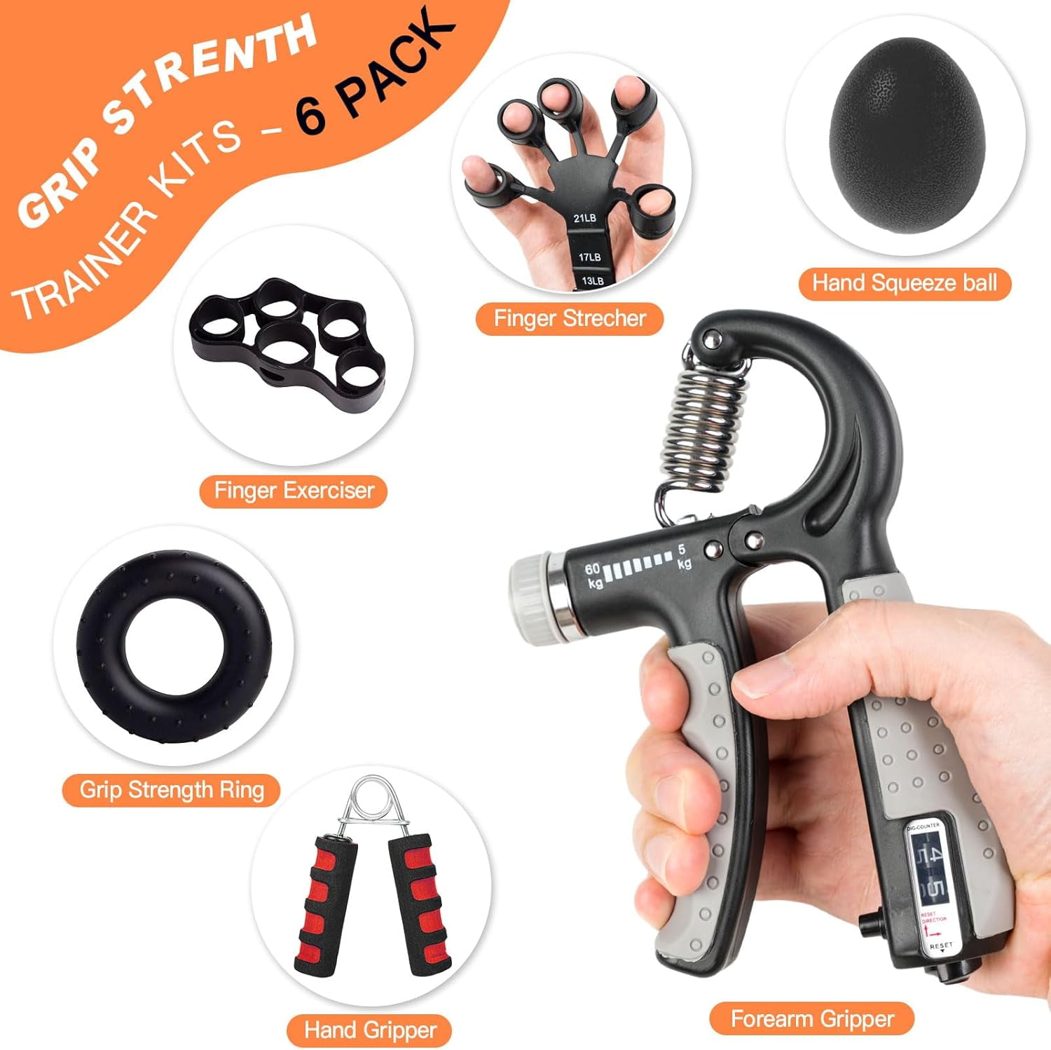 CYFIE Grip Strength Trainer Kit 6 Pack, Adjustable Hand Gripper Strengthener, Forearm Strengthener, Forearm Exerciser, Finger Strengthener, Stress Ball and Grip Ring for Workout Recovery & Musicians