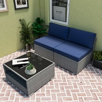 EAGLE PEAK 3 Piece Outdoor Armless Wicker Sofa Set with Removable Cushions and Coffee Table, Dark Blue