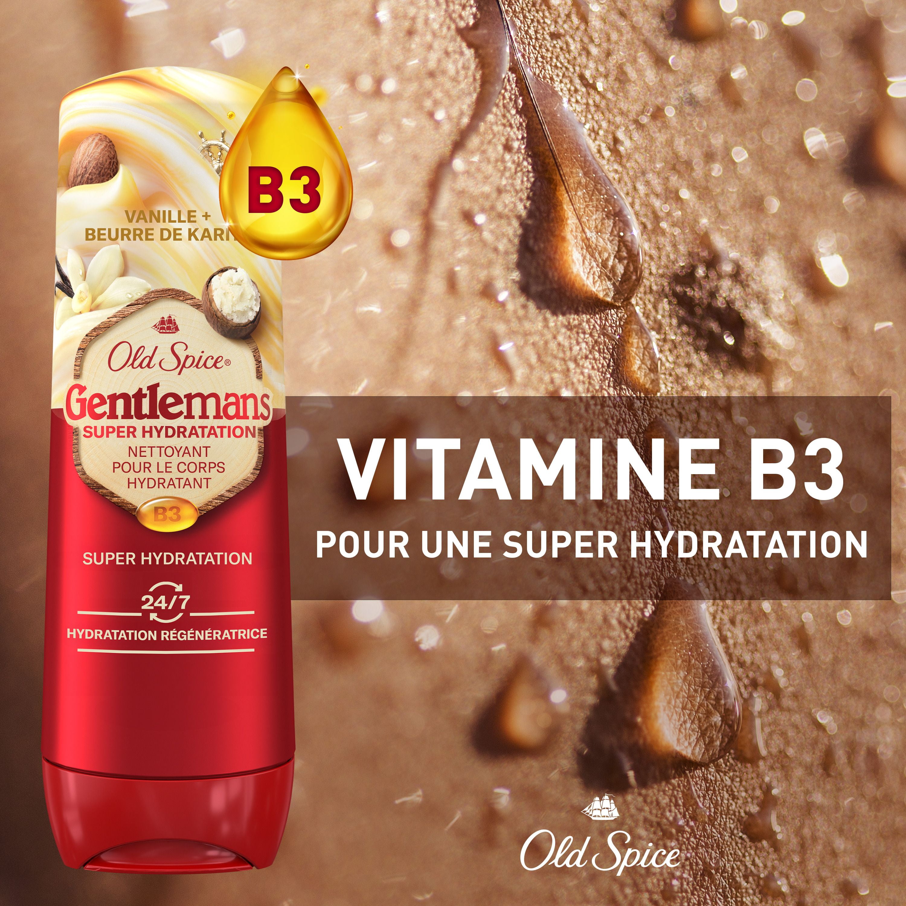 Nettoyant pour le corps pour hommes Old Spice Super Hydratation, Vanille + karité, hydratation régénératrice 24 heures sur 24, 7 jours sur 7 591ML