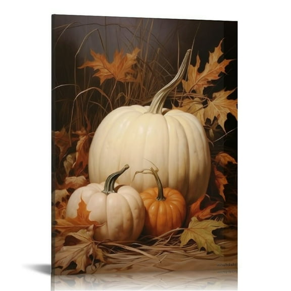 JRXY Farmhouse Fall Canvas Wall Art White Pumpkin Still Life Painting Pictures Rustic Farm Pumpkin Fall Leaves Posters Halloween Thanksgiving Autumn Wall Print Decor 12x16 in