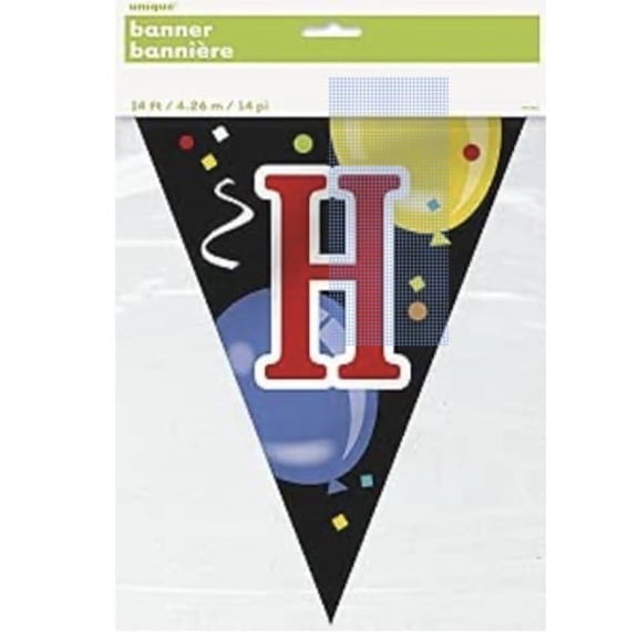 Happy Birthday Flag Banner 13 ft Long Balloon Theme Black Background, Unique Industries