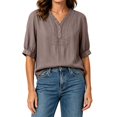 thumbnail image 6 of Womens Embroidered Cotton Linen Tops Summer Casual Boho Linen Mid Cuffed Sleeve Shirts V Neck Vacation Work Daily Blouses, S, 6 of 8