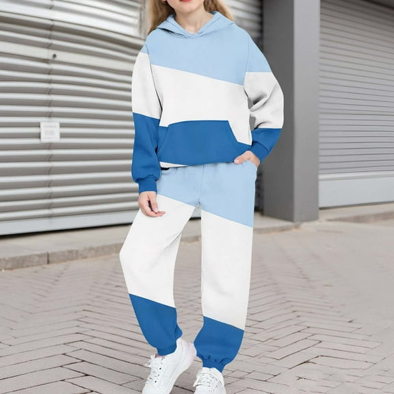 Girls Boys Hoodie and Sweatpants Color Block Fleece Sweatsuit 2 Piece Jogger Set Tracksuit Fall Winter Outfits New Casual Outfits for Girls Blue 10-11 Years