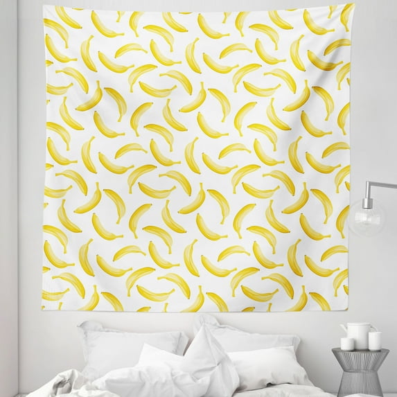 Yellow and White Tapestry, Cartoon Style Bananas Pattern Exotic Fresh Ripe Fruit Healthy Tropical, Fabric Wall Hanging Decor for Bedroom Living Room Dorm, 5 Sizes, Yellow White, by Ambesonne