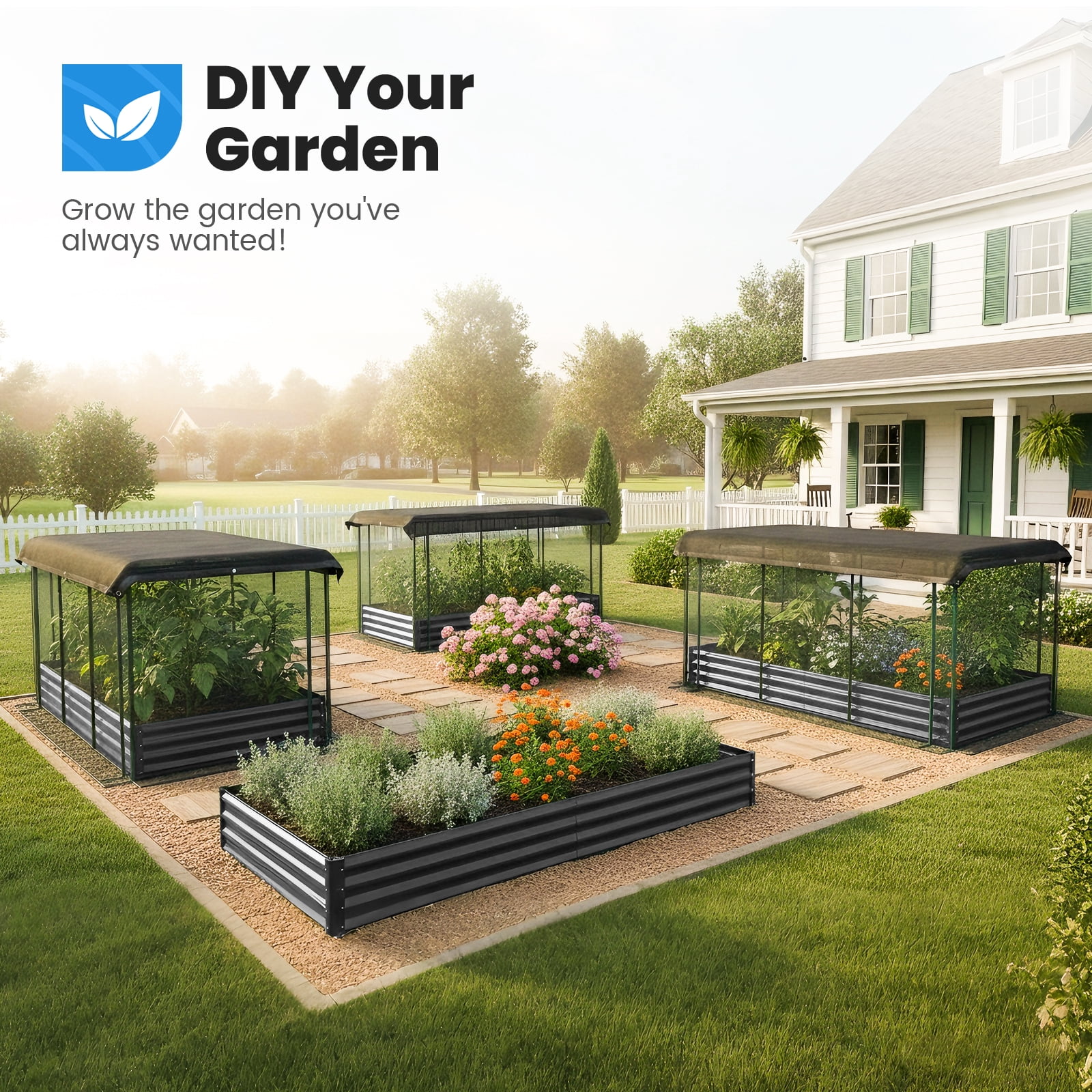 Quictent 8x4x1ft Galvanized Raised Garden Bed with Anti-Bird Netting, Shade Cloth for Outdoor Planter Box