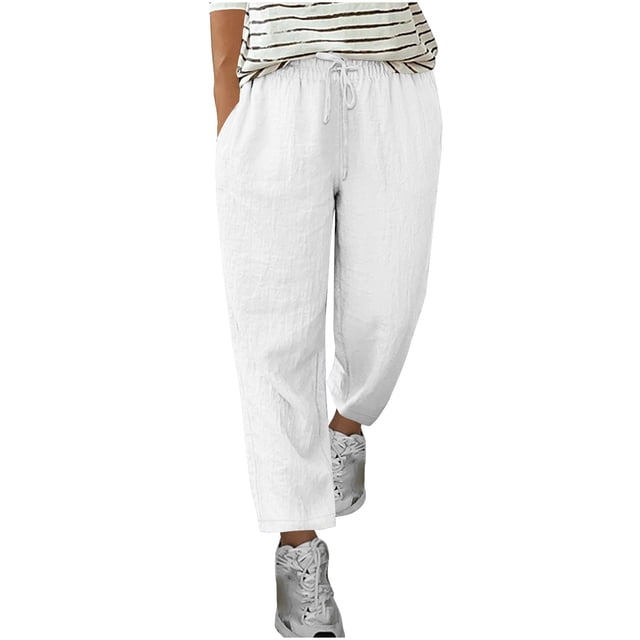 JIUKE Womens Cotton Linen Pants Drawstring High Waisted Lounge Pants Straight Leg Ankle Length Trousers