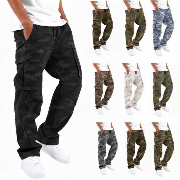 Men's Cargo Pants with Pockets Drawstring Long Trousers Relaxed Fit Stretch Work Pants