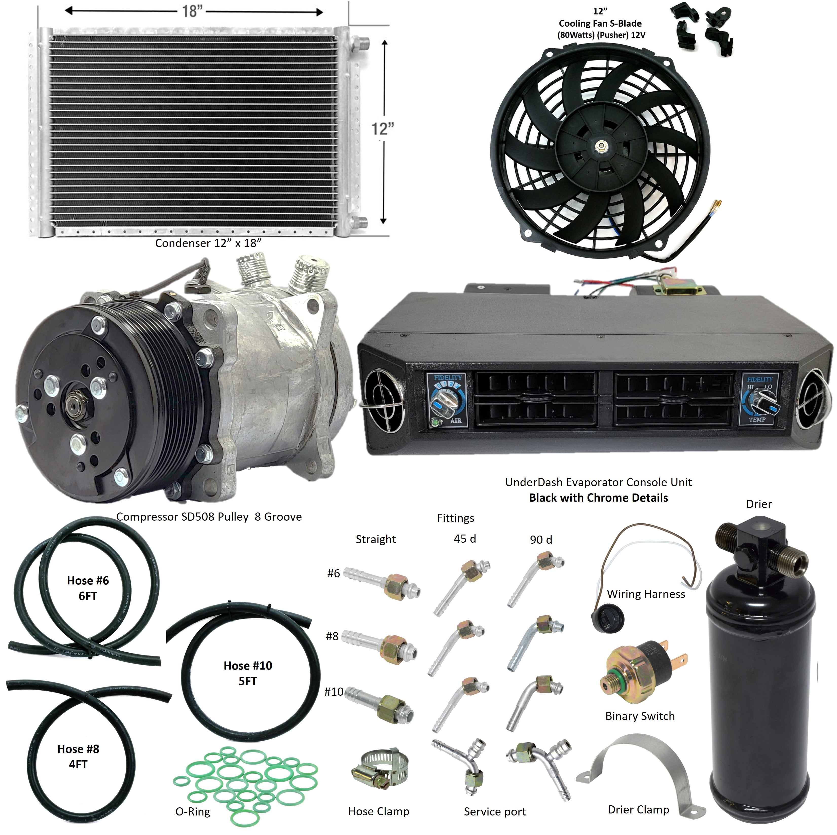 ACforCars Universal A/C Kit Compressor 508 P8 Cond 12x18 Fan 12
