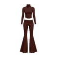 thumbnail image 5 of Idoravan sets for women clothing two piece casual Women Solid Color High Neck Long Sleeves Low-rises Bells-bottoms Suit, 5 of 7