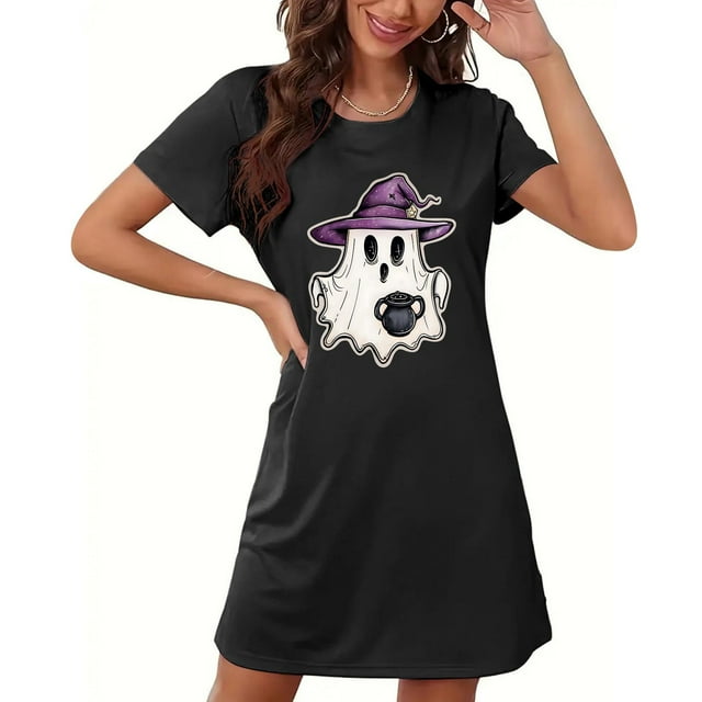 Sakmal Robe de Nuit Noire Moo Moos pour Femmes, Halloween, Confortable, Grande Taille, Courte, Tenue d'Intérieur, Manches Courtes, Imprimé Chapeau de Sorcière, Robes de Nuit pour Femmes