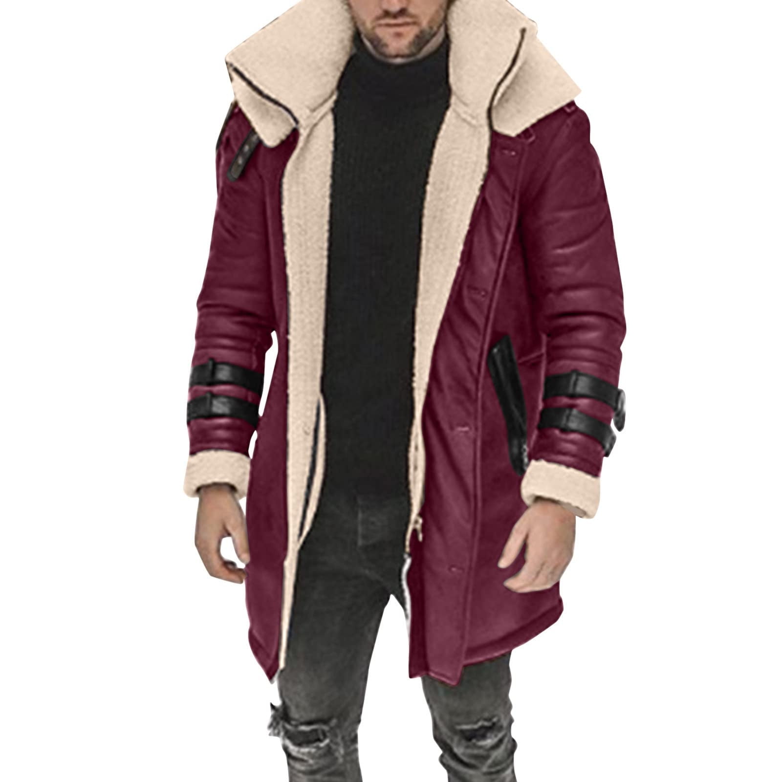 RongHuan Men's Big and Tall Faux Leather Coat Fleece Sherpa Lined Warm Trench Coats Winter Faux Fur Collar Jacket Thickened Long Sleeve Outwear