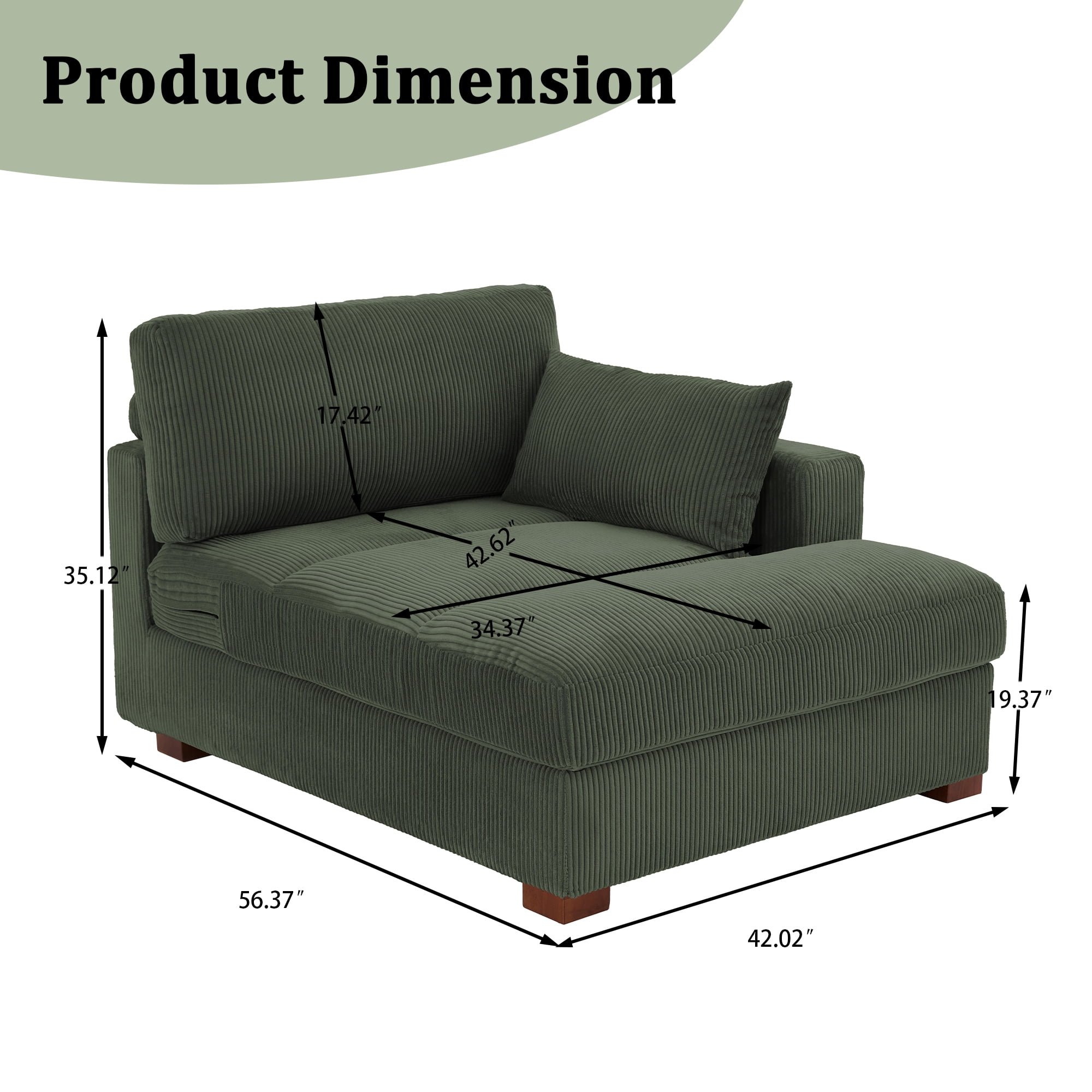 UIXE Chaise Lounge Indoor Upholstered Corduroy Sofa with Left Armrest for Living Room Bedroom, Green