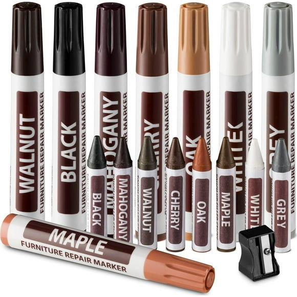 Furniture Repair Kit Wood Markers - Set of 8 - Markers and Wax Sticks with Sharpener Kit, for Stains, Scratches, Wood Floors, Tables, Desks, Carpenters, Bedposts, Touch Ups, and Cover Ups