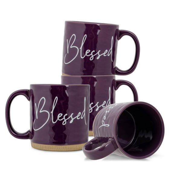 Lighthouse Blessed Powerful Words Purple 13 Ounce Ceramic Coffee Mugs Pack of 4
