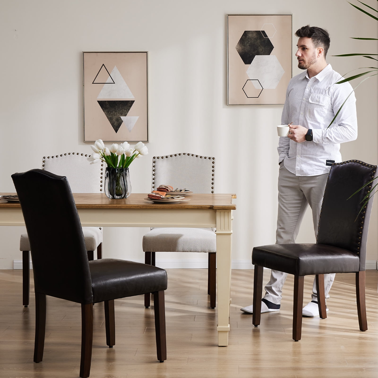 JOINSUN Set of 6 Home Dining Chairs, Parsons Back with Nailhead Trim Wood Legs, PU Leather, Brown