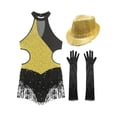 thumbnail image 5 of Xnihocha Women Sequins Tassel Latin Dance Dress Fringed Leotard+Gloves+Hat Tango Jazz Dance Outfit Gold S, 5 of 7