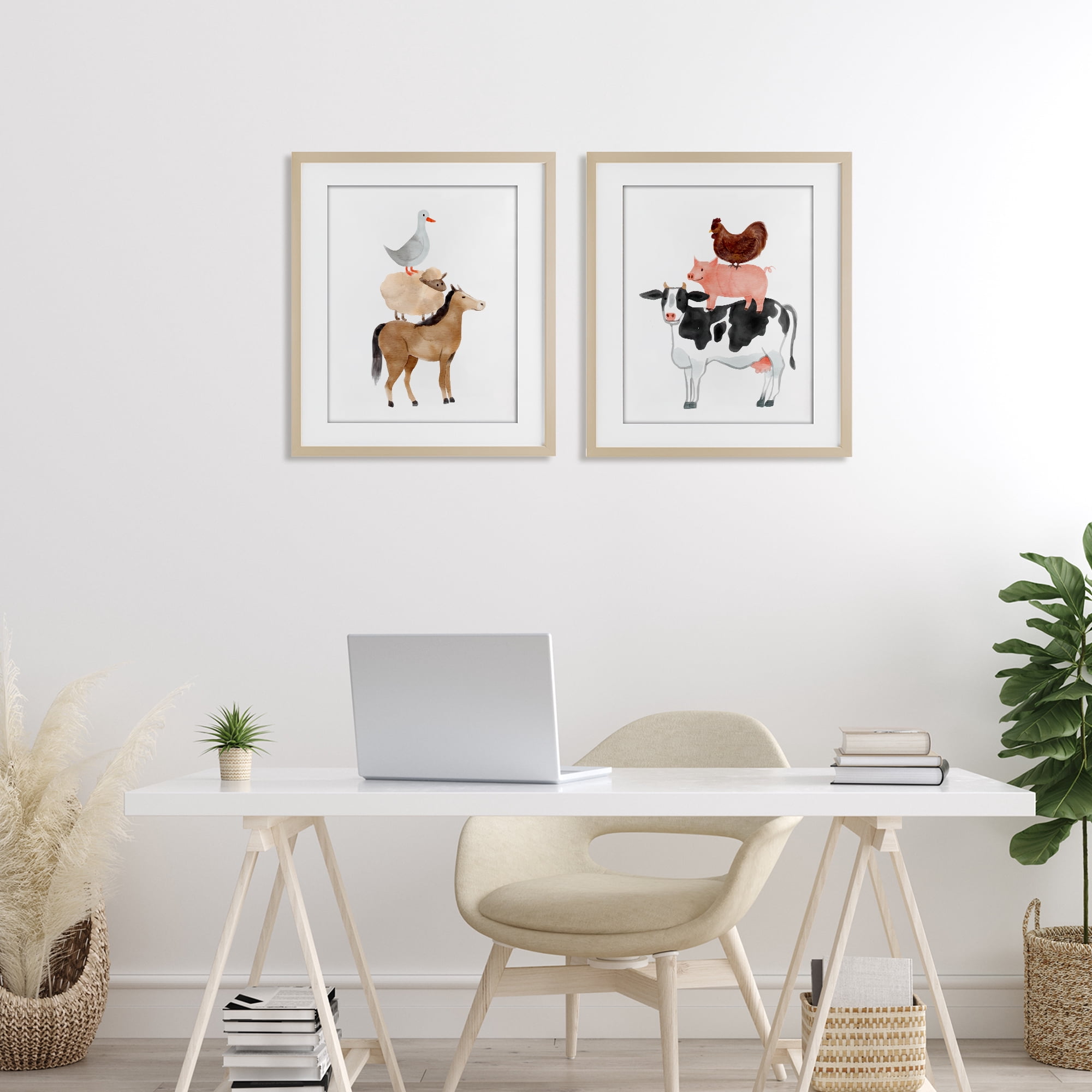 Stupell Industries Whimsical Farm Life Stacks 2 Piece Birch Framed Print Under Glass Set, design by Kim Allen